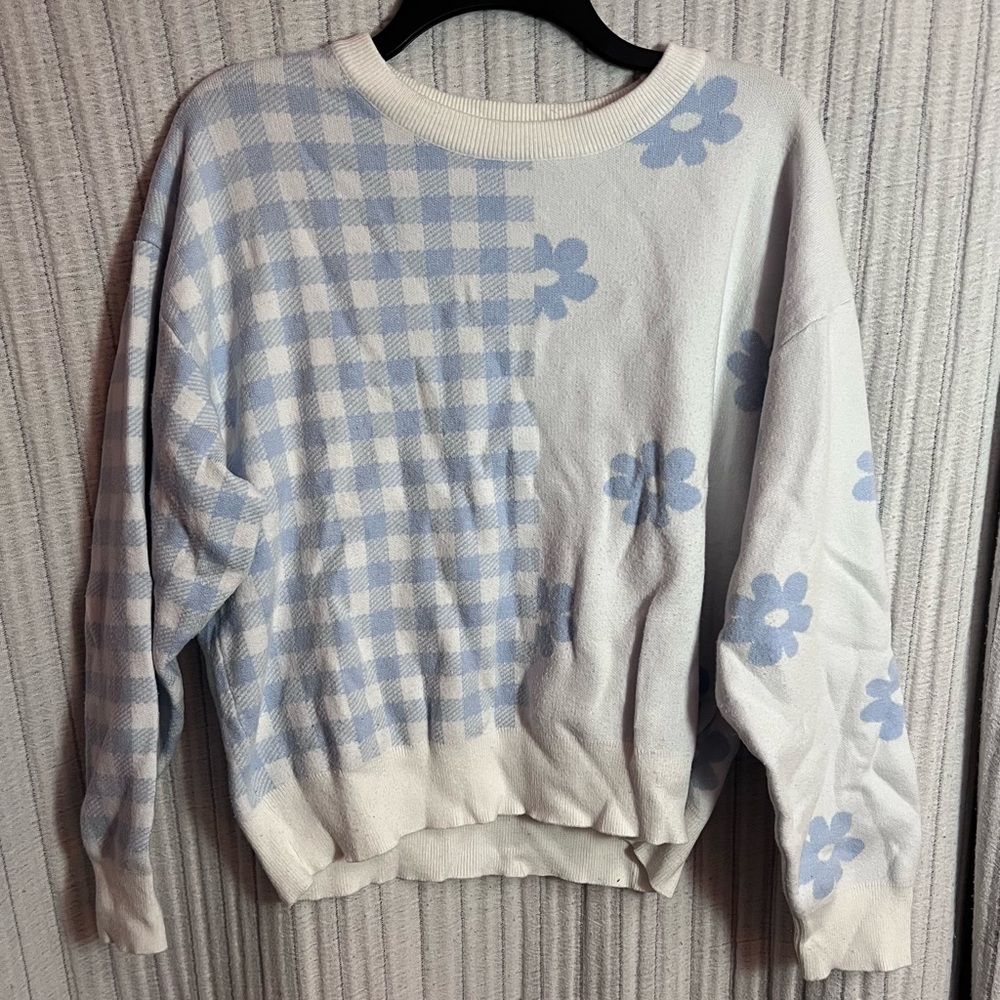 Blue and White Floral Checkered Sweater